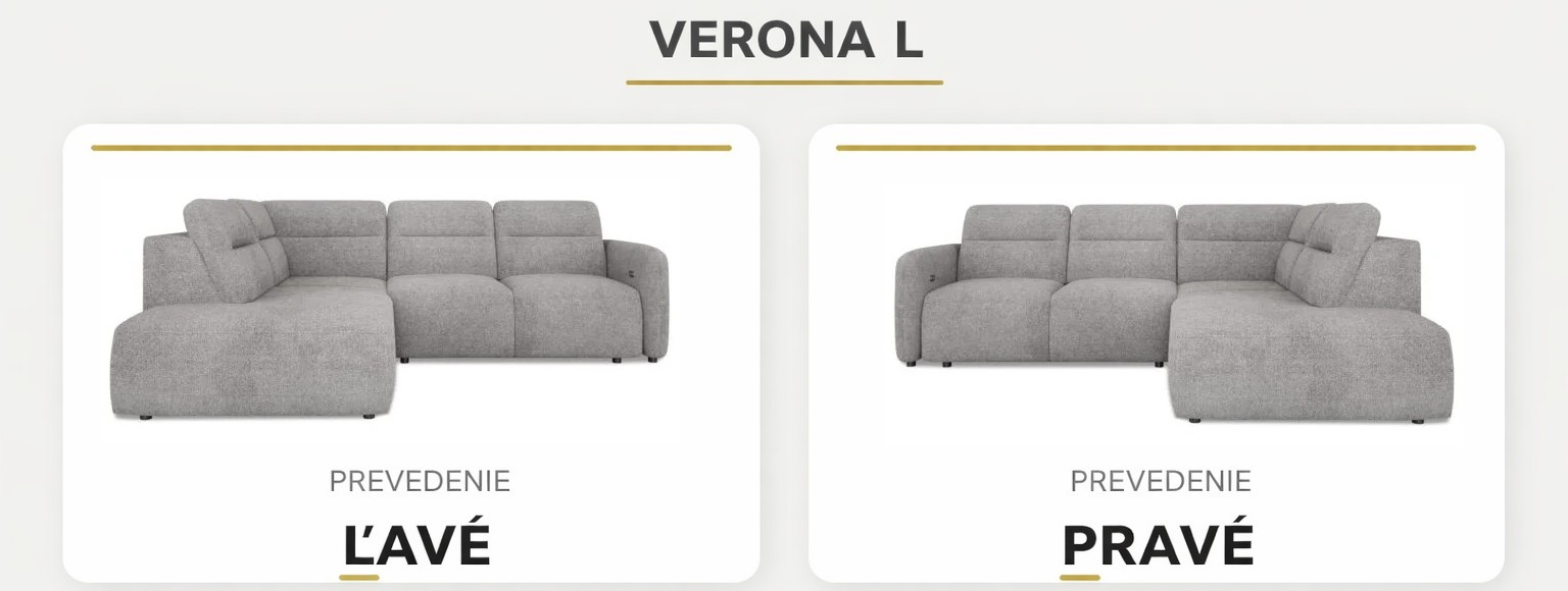 Rohová sedacia súprava VERONA L svetlosivá porovnanie ľavé a pravé prevedenie orientácie rohu